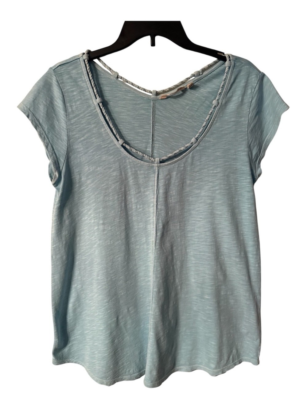Soft Surroundings aqua Blue Short Sleeve top with Braided Double Neck
Size small
